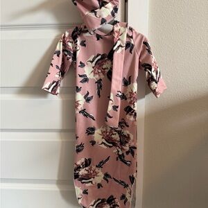 Floral Pink Baby Gown and Hat Set
